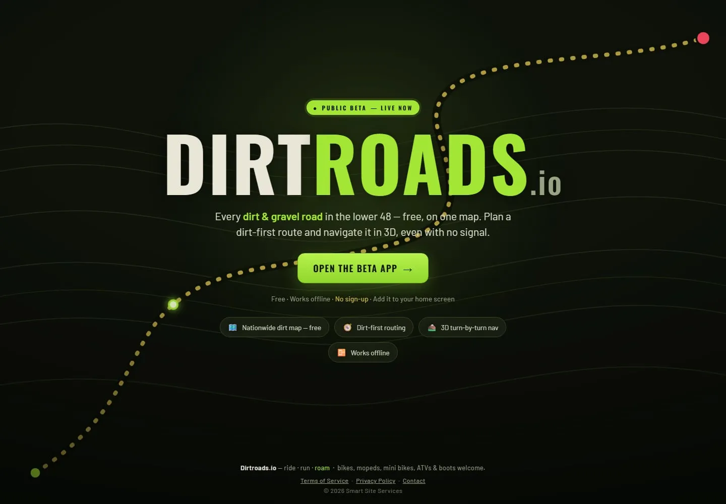 Screenshot of the Dirtroads.io website